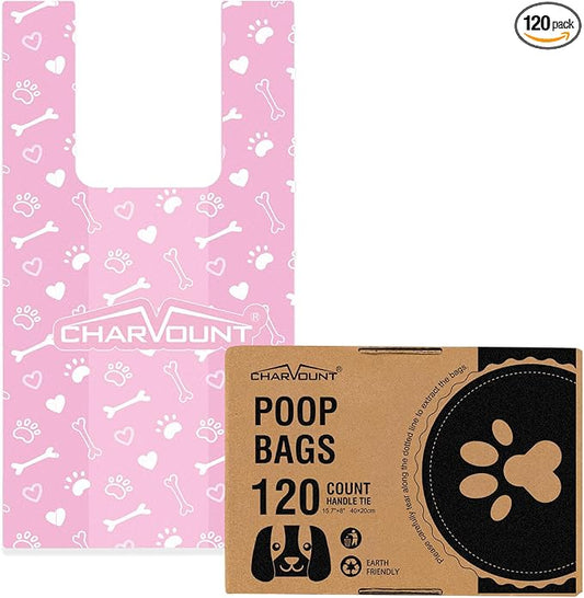 Charmount 120 Counts Unscented Dog Poop Bags Rolls with Handles, 16"x8"Extra Thick Pet Waste Bag, Leak Proof and Easy Tie, Cat Litter Bags, Pink