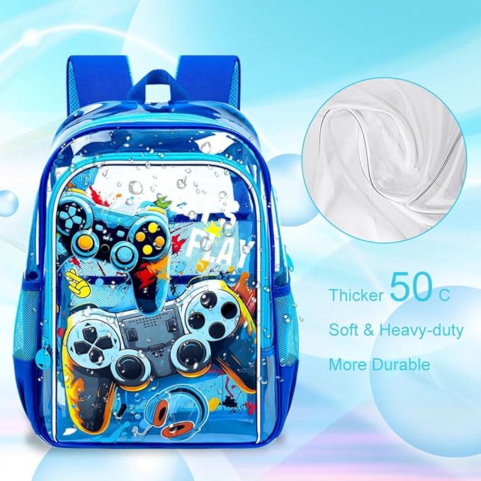KLFVB 3PCS Clear Backpack for Girls and Boys, Kids See Through Backpacks Stadium Approved, Transparent Bookbag for Elementary