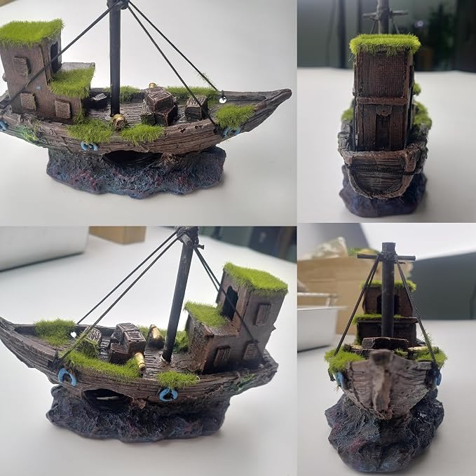 kathson Betta Fish Tank Shipwreck,Aquarium Sunken Ship Decorations Resin Sunken Boat with Cave Hideouts Fish Tank Shipwrecks Decor Saltwater Freshwater Aquarium Ornaments for Hiding Accessories