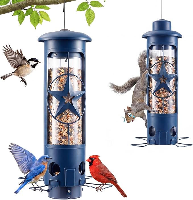 Squirrel Proof Bird Feeders for Outdoors with Weight-Activated, 3LB Large Metal Wild Bird Feeders for Cardinals,Blue Jay,Finch, Weatherproof Durable Tube Hanging Bird Feeder for Backyard,Garden,Patio