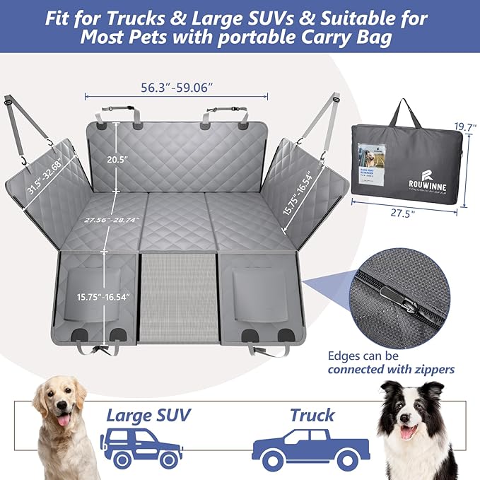 Back Seat Extender for Dogs Truck-Large Space, Dog Pet Seat Cover Back Seat Hard Bottom Holds 420lbs, Waterproof Dog Hammock for Crew Cab Trucks F150, RAM1500, Sierra, Tundra, Silverado, Grey