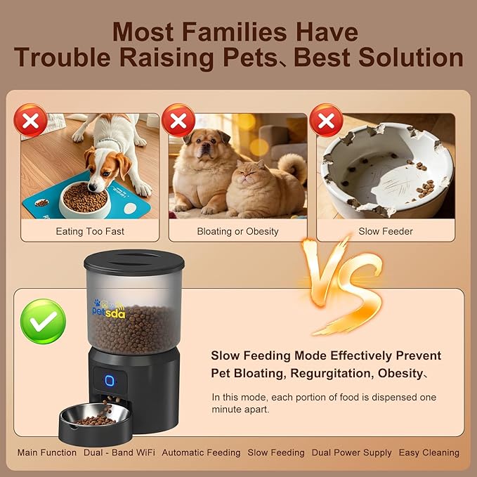Automatic Cat Feeders 4L Timed Dry Food Dispenser WiFi 10 Meals Programmable 1-12 Portion Per Day with APP Control Dual Power Supply with Stainless Bowl for Multi-Pet Easy Clean