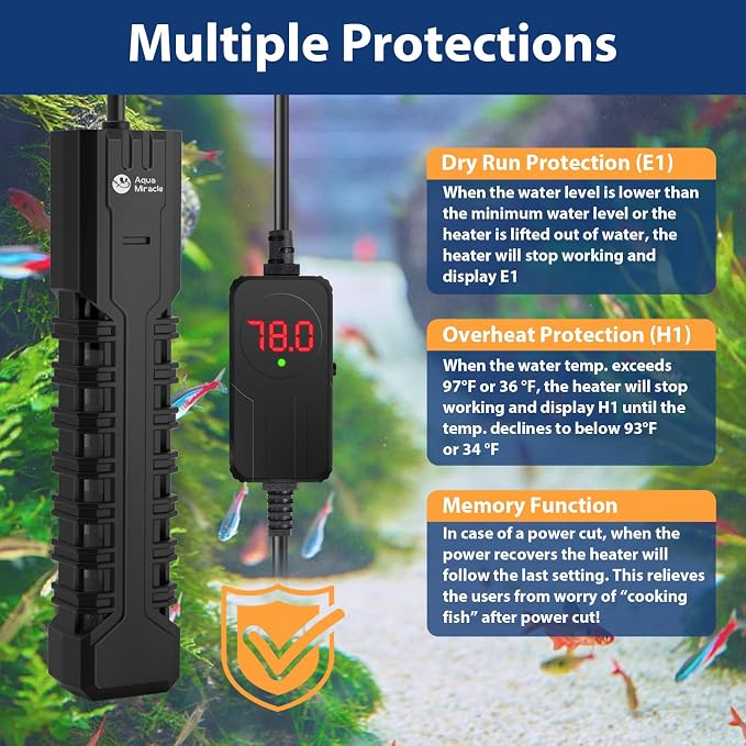 AquaMiracle Submersible Aquarium Heater with LED Digital Temp Display, Fish Tank Heater with Dry-Run & Over-Temp Protection, for Freshwater Saltwater Aquariums(200W/20-40Gal)