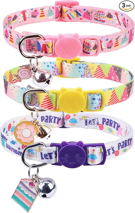 SCENEREAL Birthday Cat Collars Breakaway with Bells, 3 Pack Adjustable Cat Collars for Boy and Girl, Cute Cat Collar for Kitten Cats, Birthday Collar with Cake and Donut Jewelry