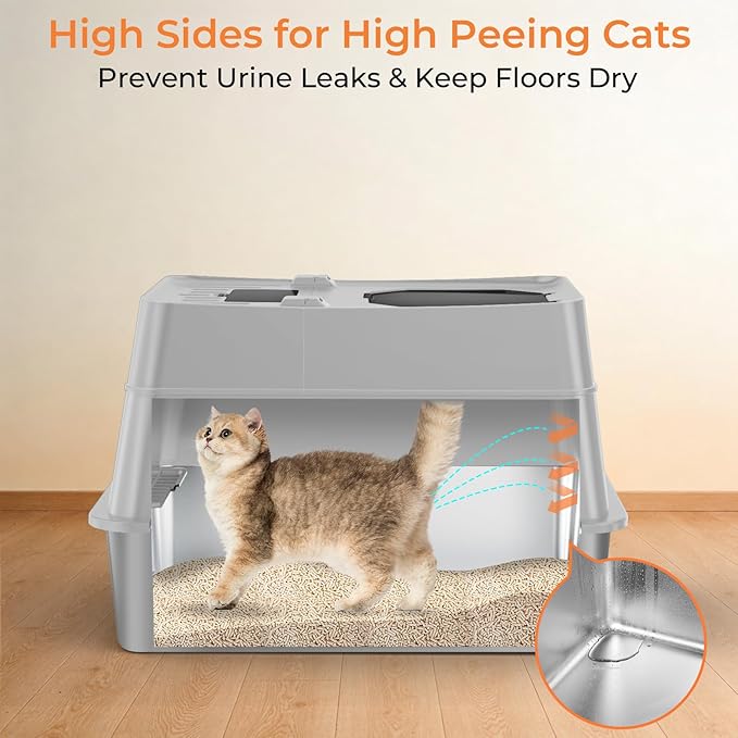 URPOWER Stainless Steel Cat Litter Box with Flip-Top Lid Extra Large Enclosed Litter Box Non-Sticky Metal Pan with High Sided & Scoop, Odor Free, Front & Top Entry, Anti-Leakage, Easy Cleaning