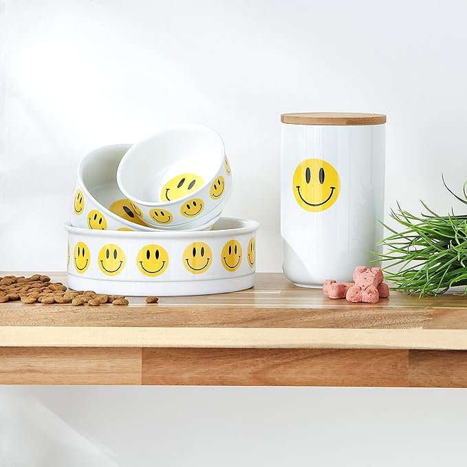 Bone Dry Ceramic Food Bowls, Non-Slip & Dishwasher Safe, Medium Set, 6x2, Smiley Face, 2 Count