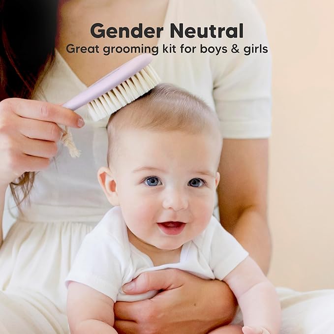 Baby Hair Brush Set for Newborns - Soft Goat Bristle Wooden Baby Brush and Comb Set Newborn Grooming Kit for Cradle Cap, Durable & Gentle, Boy, Girl Infant Essentials Care Kit (Regular, Thistle)