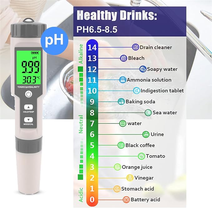 Pool Salt Tester - Multifunctional 5 in 1 Salinity, PH, TDS, EC, and Temperature Meter, Pool Salinity Testing Kit, Digital Salinity Tester for Swimming Pool,Saltwater, Sea Water, Aquarium