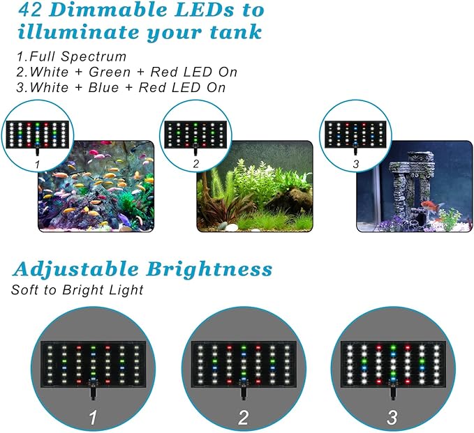 DOMICA Clip On Aquarium Light with Timer for 3 to 8 Gal Fish Tank (Dimmable Full Spectrum LED) USB Moving Lamp for Open Terrarium (Adapter NOT Included), Black, DM-USBLIGHT+T02