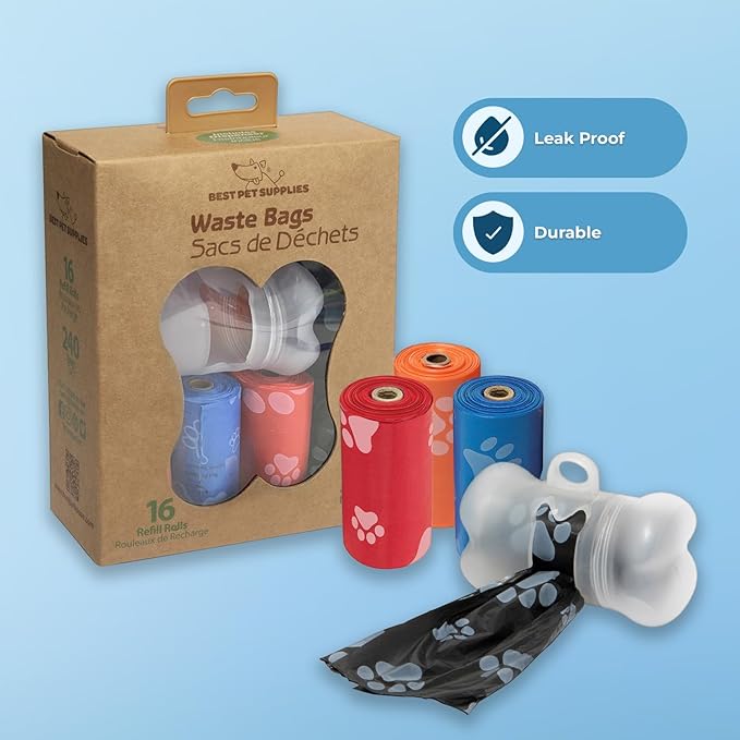 Best Pet Supplies Dog Poop Bags for Waste Refuse Cleanup, Doggy Roll Replacements for Outdoor Puppy Walking and Travel, Leak Proof and Tear Resistant, Thick Plastic - Assorted, 240 Bags