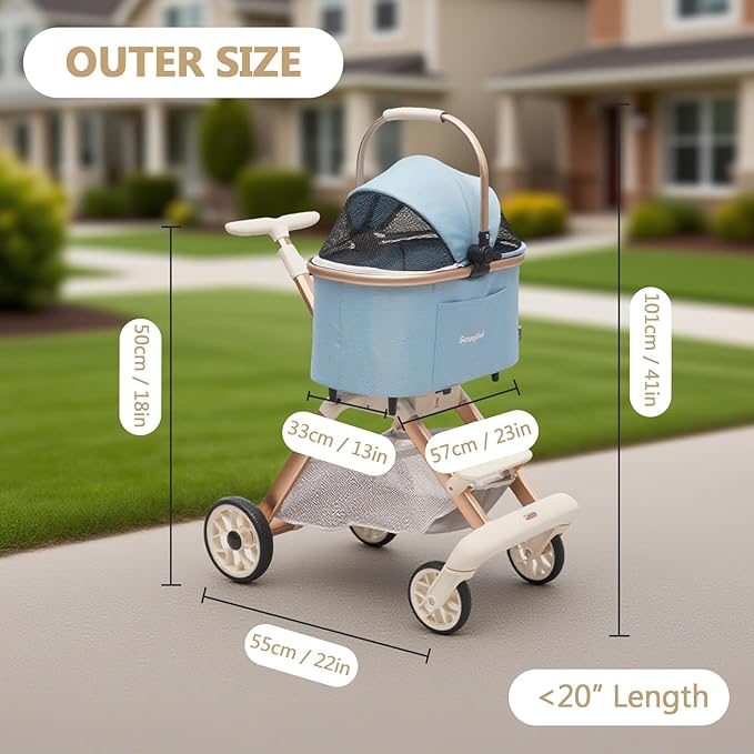 SUNNYFEEL Pet Stroller for Small Dogs and Cats, Aluminum Two-in-one Split, One-Click Foldable Dog Stroller with Detachable Carrier, Holds up to 40 lbs, Side Bag, Breathable Mesh, Blue