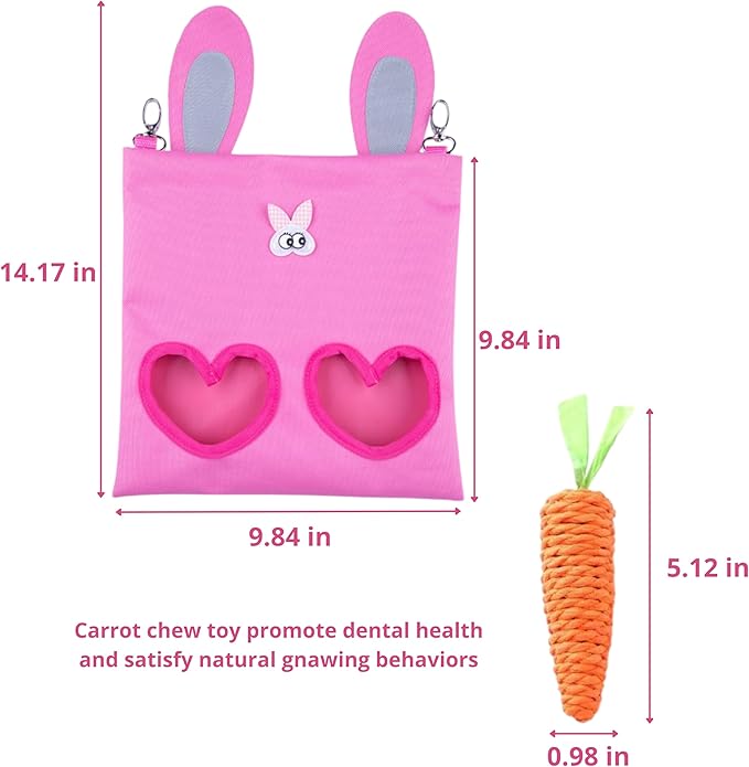 Hanging Rabbit Hay Feeder Bag with Chew Toys Set, Guinea Pig Hay Feeder, Bunny Feeders Holder Storage for Small Pets Bunnies Chinchilla Guinea Pigs Hamster Rats (Pink)