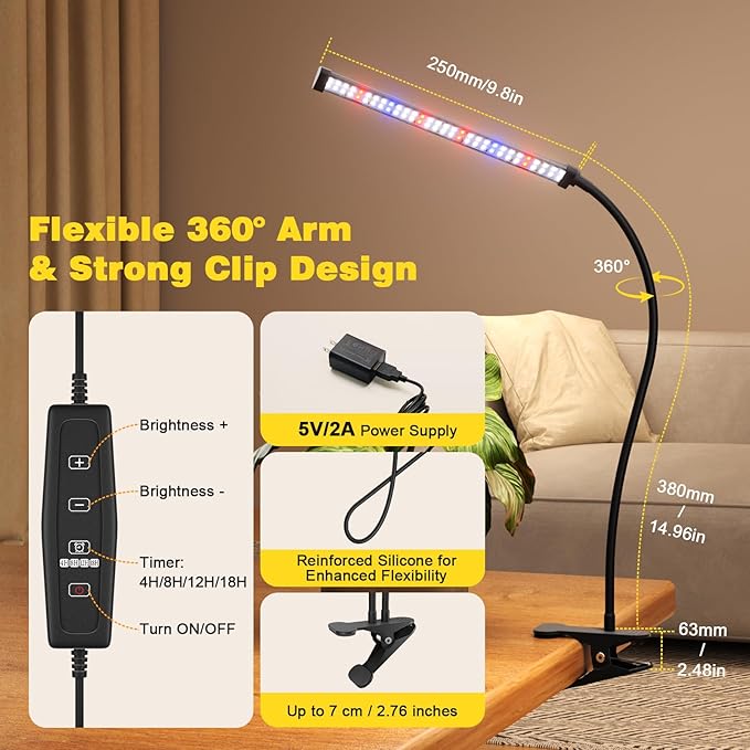 LED Grow Lights for Indoor Plants, Clip-On Clamp, Single Head | Flexible Metal Arm with Silicone Sleeve, 5700K Full Spectrum, CRI 85+, 4/8/12/18H Daily Timer, 5 Brightness Levels