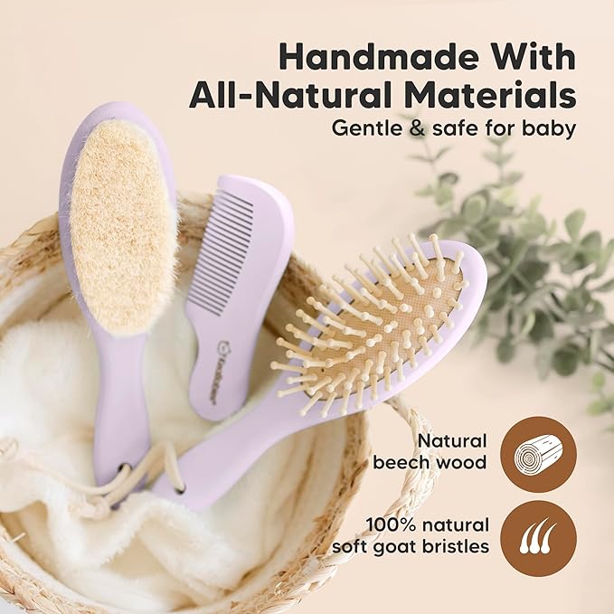 Baby Hair Brush Set for Newborns - Soft Goat Bristle Wooden Baby Brush and Comb Set Newborn Grooming Kit for Cradle Cap, Durable & Gentle, Boy, Girl Infant Essentials Care Kit (Regular, Thistle)