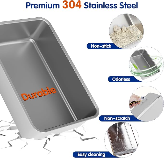 Stainless Steel Litter Box with Lid, XL Extra Large Cat Litter Box Enclosure, Front & Top Entry Covered Metal Cat Box with Steps & Scoop, Easy Cleaning
