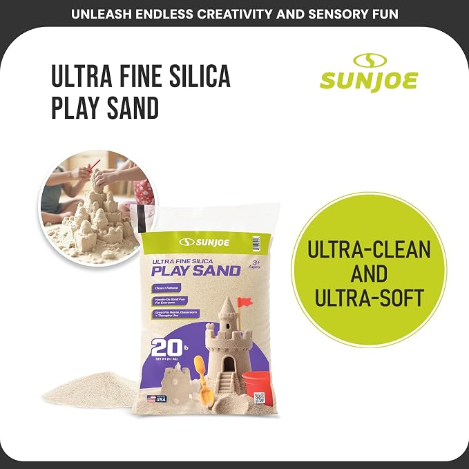 Sun Joe 3 Pack Silica Play Sand for Sandbox, Sensory Table & Garden Spaces, Ultra Fine, 20 Lbs - Natural Craft Accessory for Molding, Digging & Sculpting - Ideal for Indoor and Outdoor Use