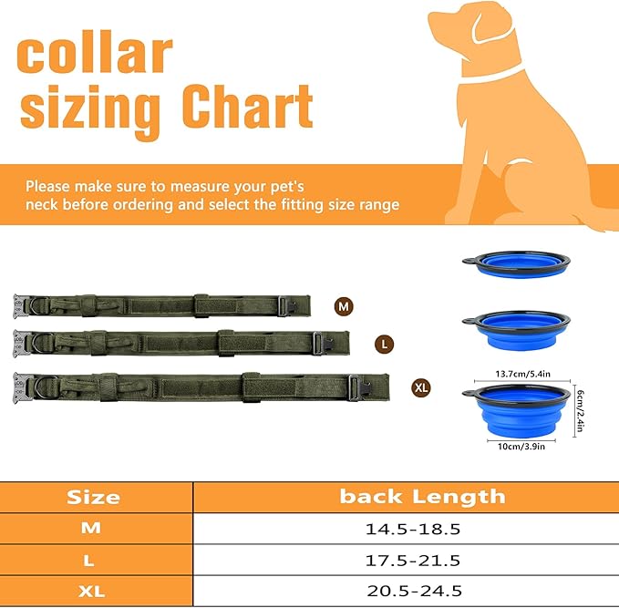 HYDEME Tactical Dog Collar Adjustable Nylon Collar with Control Handle and Heavy Metal Buckle for Medium and Large Dogs, with Patches&Airtags Case&Poop Bag Dispenser&Portable Bowl. (XL, Green)