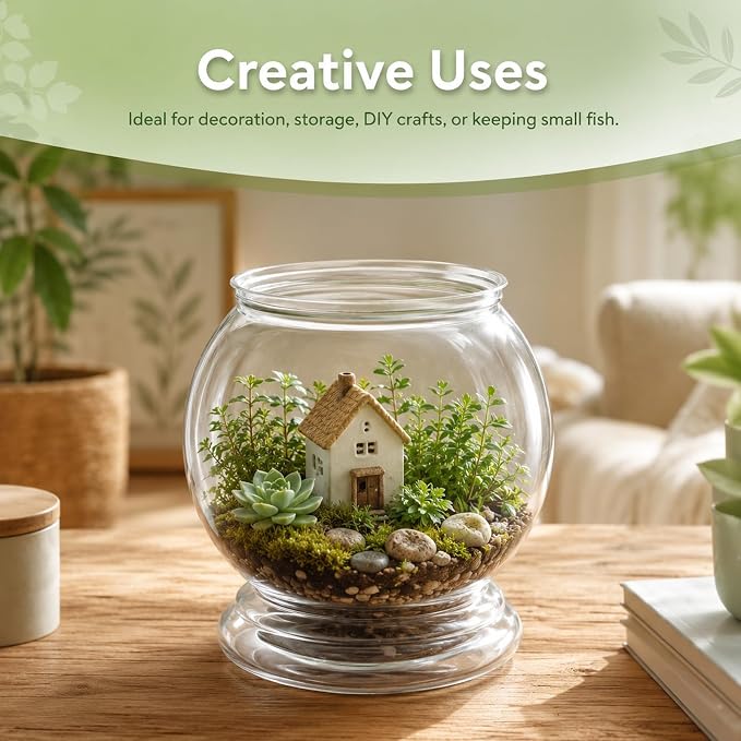 Mini Plastic Fish Bowl with Artificial Aquatic Plants, 27 oz Decorative Fish Bowls Unbreakable Plastic Betta Fishes Tank Clear Round Desktop Vases Bowls for Home Decor, Centerpiece Vases, Candy