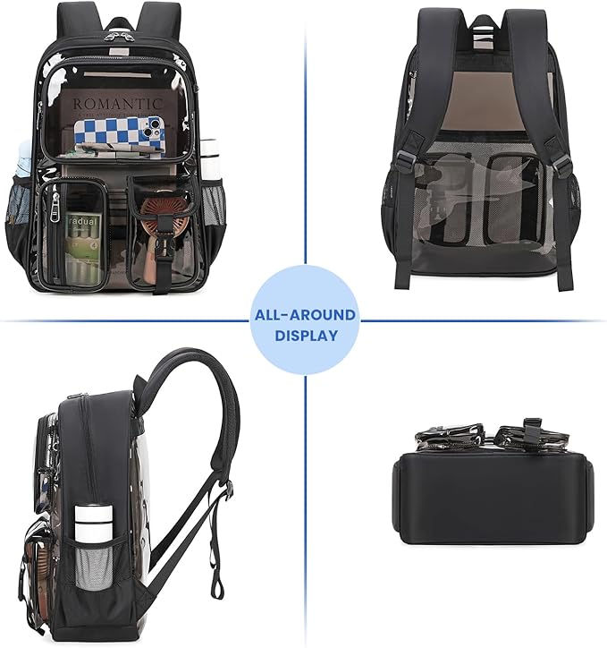 MUSEVOS Clear Backpack for School, Heavy Duty Clear Bookbag for Girls Boys Transparent Backpack with Badge Holder, Semi-Black