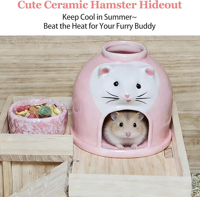 Ceramic Hamster Hideout Syrian Hamster House and Habitat Gerbil Hideaway Cooling Cave for Rat Mice Cage Decor Accessories (Pink)