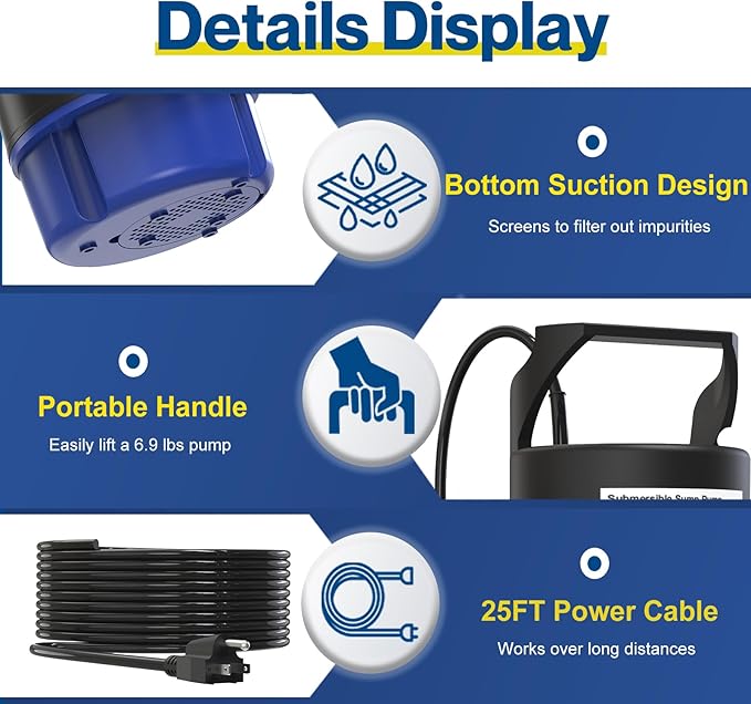 AgiiMan Submersible Water Pump - 1HP 3500GPH Pool Cover Pump for Pool Draining, Pool Cover Pump with 25FT Power Cord for Basements, Pool, Fountains, Hot Tub, Garden, Blue