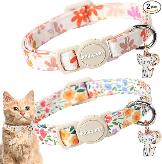 ARING PET 2 Pack Cat Collars-Cute Breakaway Cat Collar with Bell & Pendant, Adjustable Floral Pattern Female Kitten Collars with Safety Buckle for Girl and Boy Cats