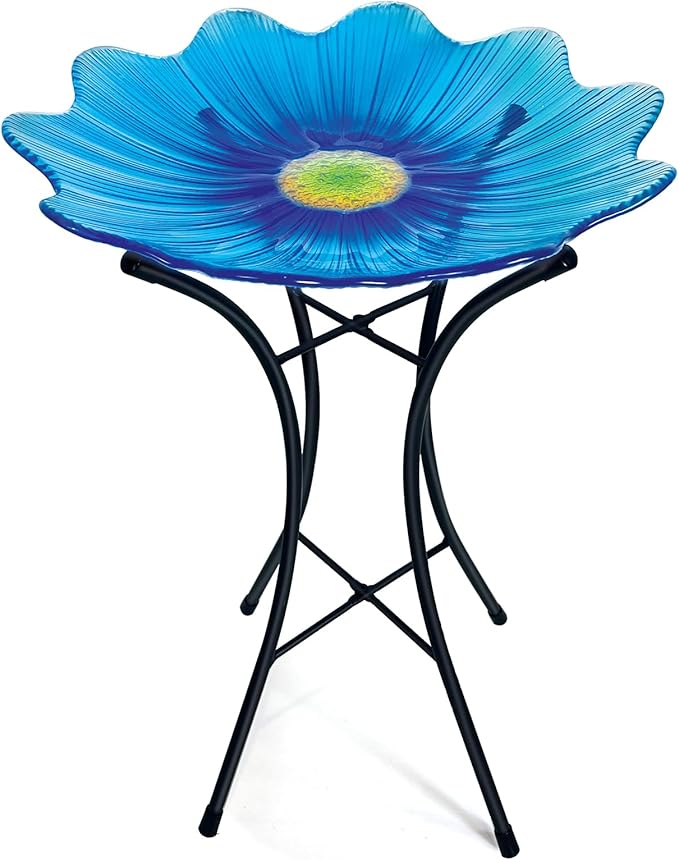 HONGLAND Bird Bath for Outside,15" Diameter Large Glass Birdbaths for Outdoors,Detachable Bird Baths Bowl with Metal Stand for Garden Patio Lawn Decor,19" Height - Blue