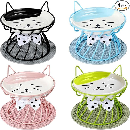 4 Pcs Elevated Pet Food Bowls, Ceramic Cat Plate with Stand Raised Cat Bowl for Indoor Pet, Food and Water Dishes Puppies, with Non-Slip Mat, Whisker Friendly, Dishwasher Safe