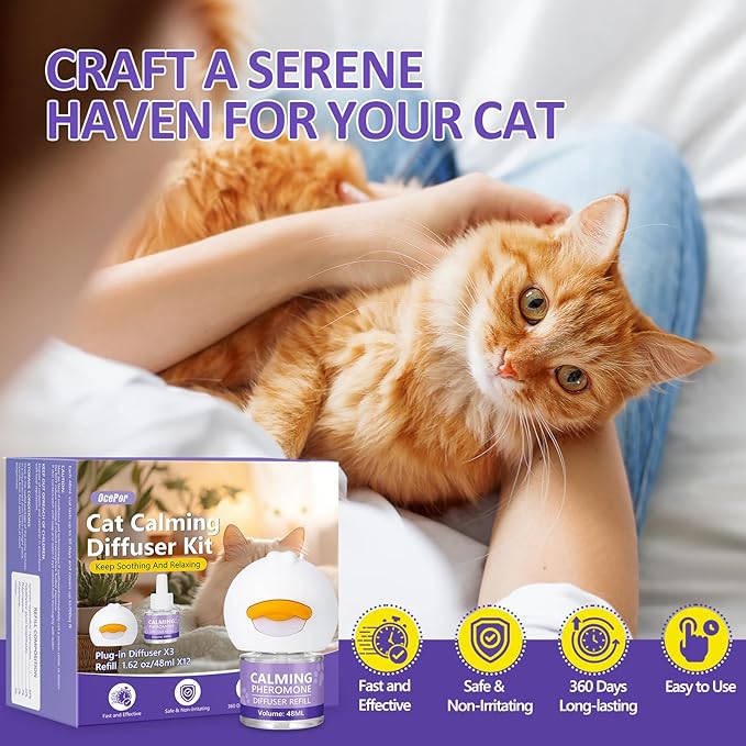 OcePor Cat Calming Diffuser 12 Refill Solutions, 3 Plugs- Cat Pheromones Calming Diffuser Refill, Pheromone Diffuser to Calm Cats, Cat Anxiety Relief