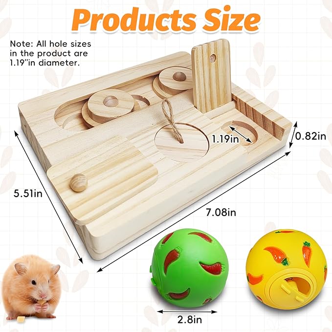 PINVNBY Guinea Pig Foraging Toy Sniff n' Snack Bunny Chew Toys Small Animal Wooden Enrichment Toys with 2 Balls Interactive Treat Dispenser for Rabbit Hamster Chinchillas Rats and Gerbils