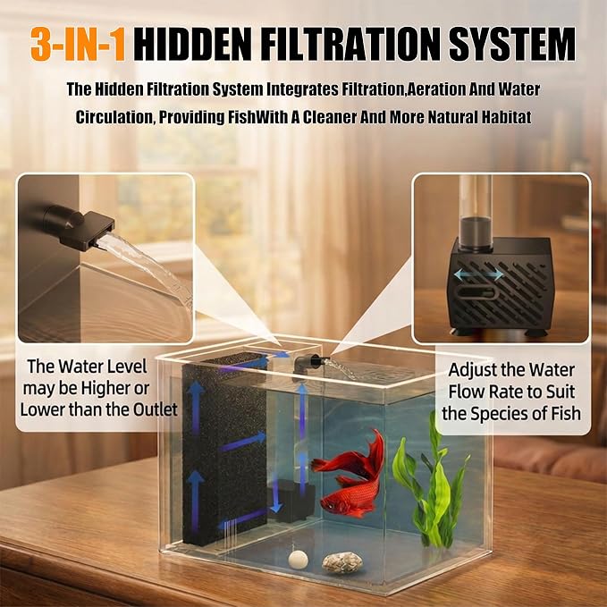 Vehipa Betta Fish Tank 1 Gal (3.7L), Acrylic Nano Aquarium Kit Black | With Water Filter Pump & LED Light, Ideal for Small Fish, Shrimp and Plants