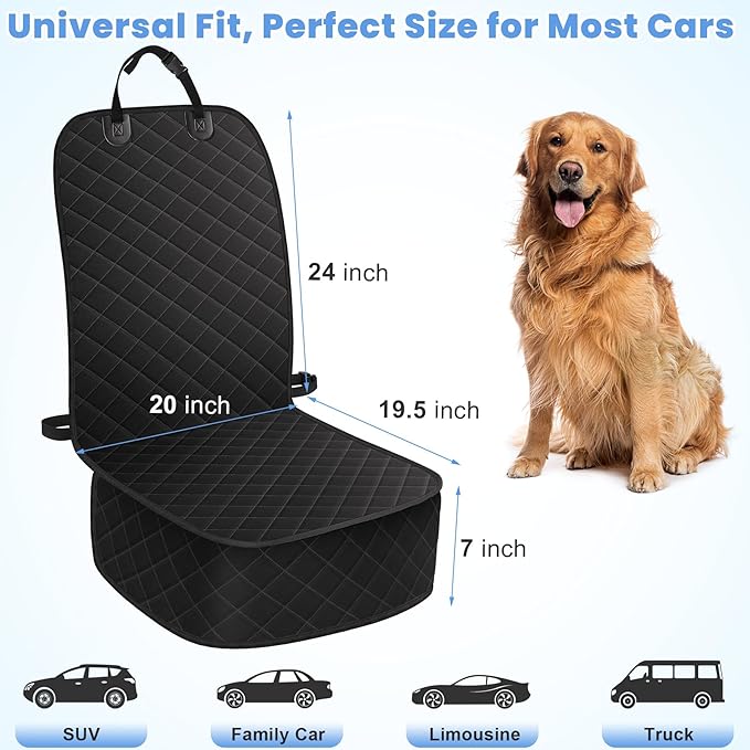 ELONGRIVER Dog Car Seat Covers, Waterproof Front Seat Cover for Dogs, Scratch-Proof, Nonslip Pet Passenger Seat Cover Protector, Universal Fit for Cars Trucks SUVs, Standard Size, Black