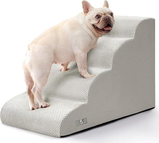 Airpanda Dog Steps for Bed, 4 Step Pet Stairs for Small and Medium Dogs, Non-Slip Dog Ramp with Washable Cover, High-Density Support Foam for Easy Climbing,Light Grey