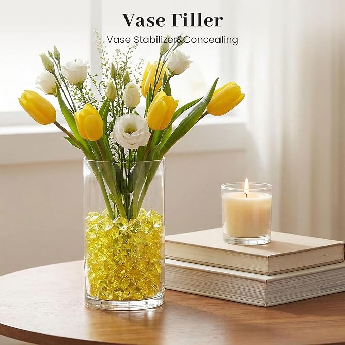 DomeStar Yellow Fake Ice Rocks, 150 PCS Acrylic Crystal for Vase Fillers | Fake Diamonds for Table Centerpieces Birthday Party Decor, Fish Tanks Decor Table Scatter DIY Craft Supplies
