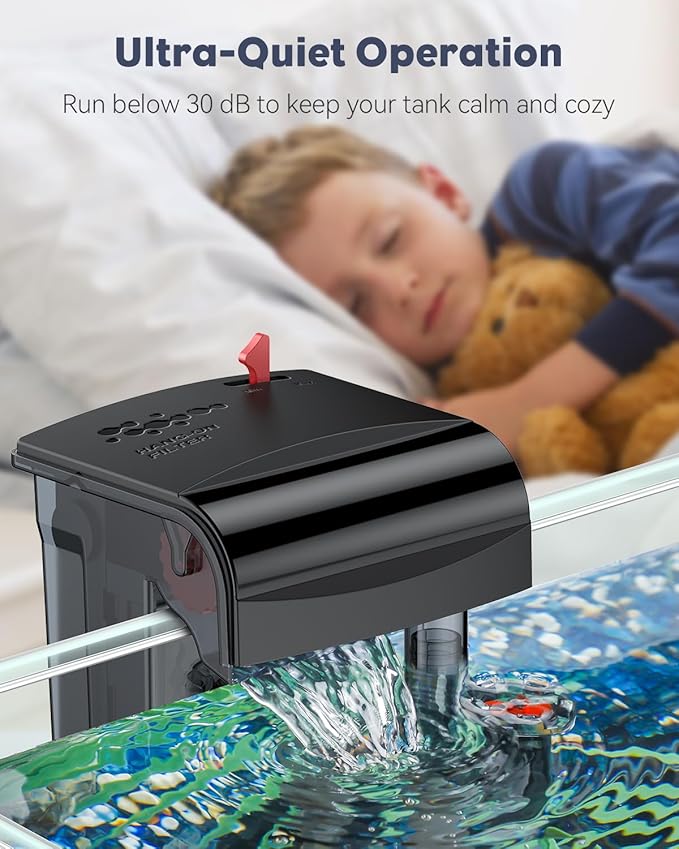 Pawfly 5 W Aquarium Filter, 10 Gallon Fish Tank Filter, 90 GPH Hang On Back Aquarium Filter with Water Wheel Adjustable Water Pump & Oil Skimmer, Ultra Quiet HOB Filter for Tank Filtration
