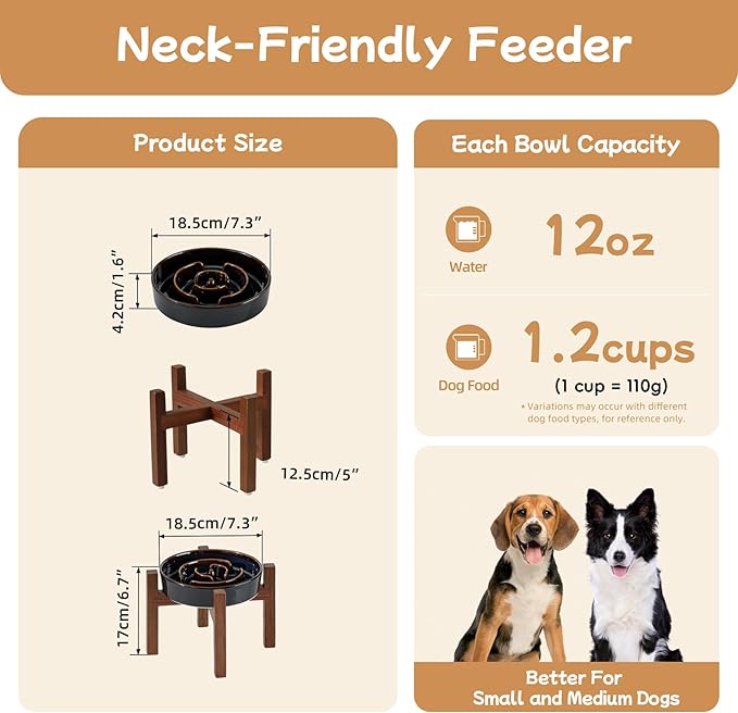 Havniva Elevated Slow Feeder Dog Bowls, 1.2 Cups Raised Ceramic Dog Food Bowls with Acacia Wood Stand, 7.3 inch Slow Feeder for Small Dogs Puzzle Bowls for Fast Eater Anti-Choking