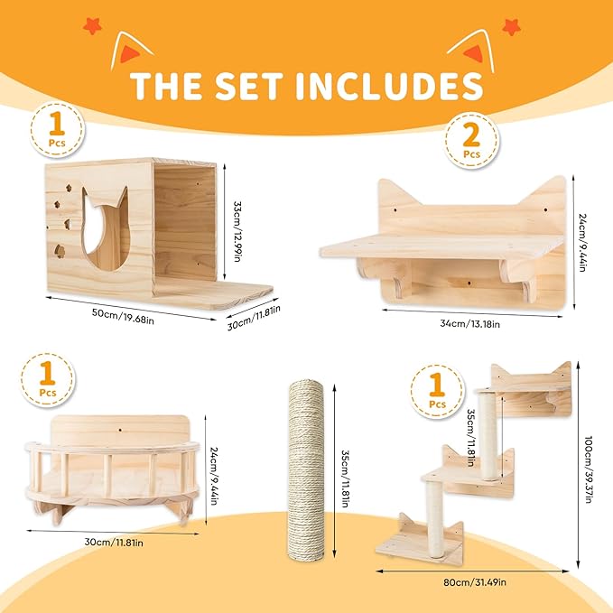 NOVGOBHOT Cat Wall Shelves for Large Cats – 9-Piece Wooden Wall-Mounted Cat Shelves Set, Kitty Climbing System with Perches, Scratching Post & Condo House
