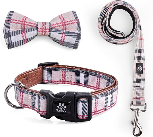IVY&LANE Dog Collar with Bowtie and Leash Set | Plaid Adjustable Dog Collar | Detachable Bow Tie |5 FT Dog Leash | for Small Medium Large Dogs | Checkered Beige | X-Small