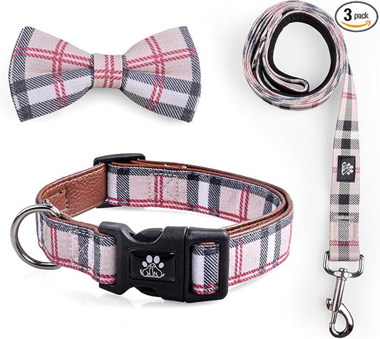 IVY&LANE Dog Collar with Bowtie and Leash Set | Plaid Adjustable Dog Collar | Detachable Bow Tie |5 FT Dog Leash | for Small Medium Large Dogs | Checkered Beige | Small