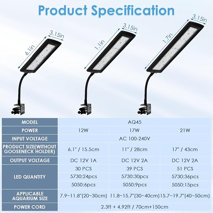 AQQA Clip On Aquarium Plant Light 24/7 Cycle Fish Tank Light | Full Spectrum with DIY RGBW Mode, 6 Timer Settings, 9 Color Options & 10 Dimmable Levels for (17W for 11.8"-15.7" Tank)