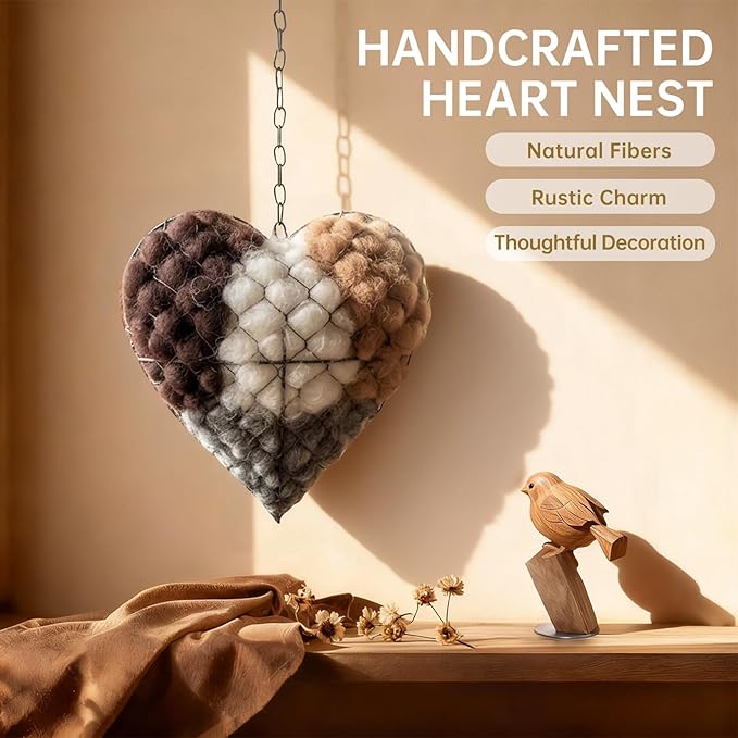 Handmade Alpaca Fiber Bird Nesting Heart, Refillable Nesting Material Accessory for Wild Birds, Outdoor Garden Decoration, Gift for Bird & Nature Lovers, Hummingbird Nesting Material (3 set)