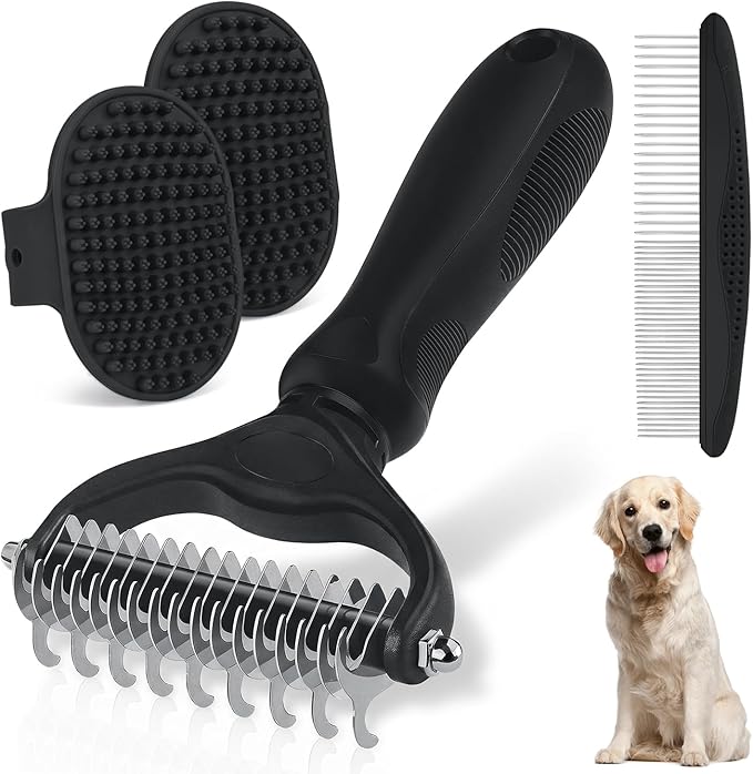 Double-Sided Pet Grooming Rake - 4-in-1 Professional Pet Grooming Kit Deshedding Dematting Tool for Dogs Cats Extra-Wide Grooming Brush & Deshedder Comb for Long & Short Haired Pets (Black Kit 4PCS)