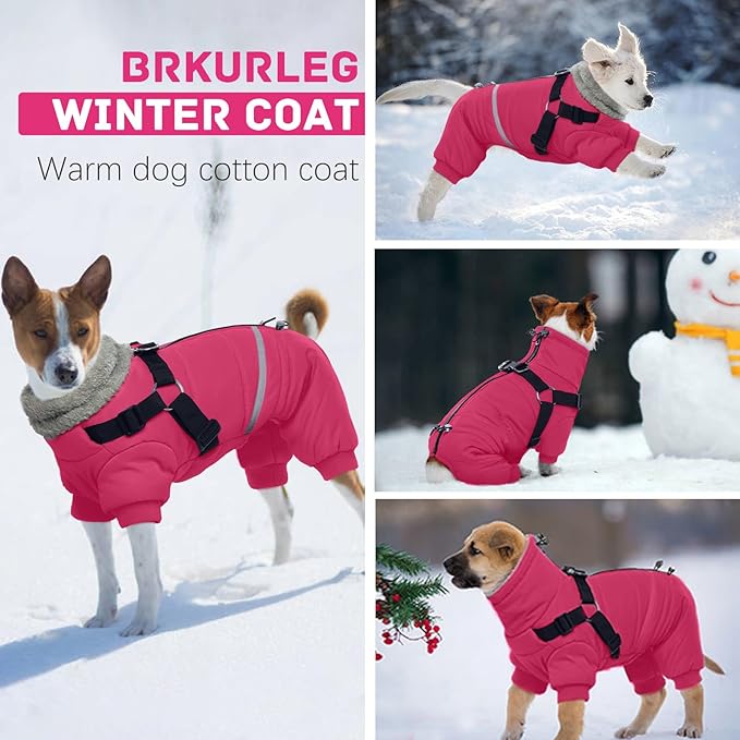 BRKURLEG Dog Winter Coat with Harness Built in, Winter Dog Jacket for Small and Medium Dogs, Small Dogs Snowsuit Reflective Windproof Cold Weather Coat, Puppy Warm Fleece Coats, Hot Pink, XXL