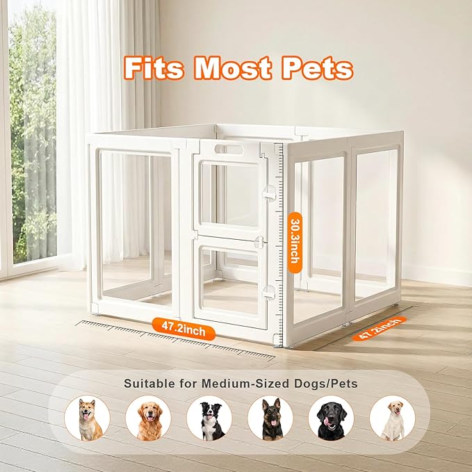 Acrylic Dog Playpen,Clear Plastic Dog Play Pen Indoors,Easy Assemble Dog Playpen-Puppy Playpen,Rabbit and Cat, Small Pet Pen, Dog Pen Indoor (White, 30.3" H, 8PCS)