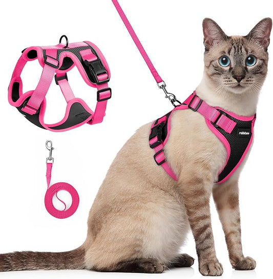 rabbitgoo Cat Harness and Leash Set, Escape Proof Soft Adjustable Vest Harnesses for Outdoor Walking, Easy Control Breathable Kitten Jacket with Reflective Strips, Black & Rose Pink, S