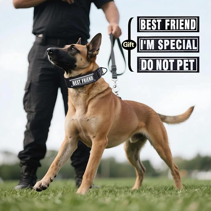 AirTag Dog Collar, 2" Wide Tactical Military Dog Collar with AirTag Holder & 3 Pet Patches, Soft Padded Reflective Waterproof Nylon Collar with Metal Buckle for Large Dogs (Black, L)