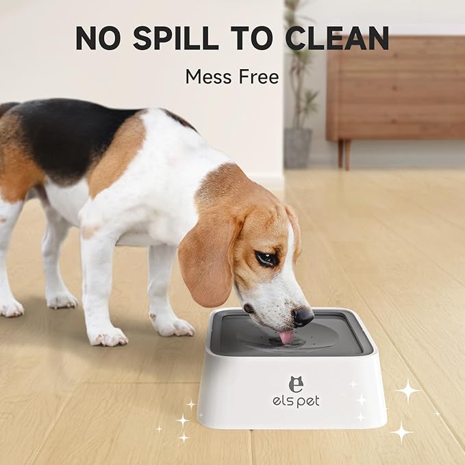 ELS PET No Spill Slow Water Feeder - Large Capacity 70oz/2L Travel Bowl for Dogs & Cats Anti-Gulping, Keeps Floor & Beard Dry, Dishwasher Safe, Activated Carbon Filter Included (Grey)
