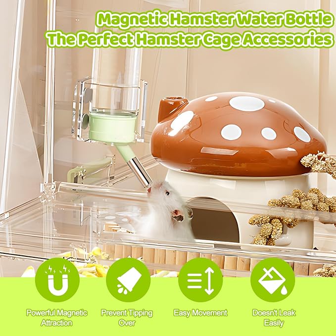 Hamster Water Bottle with Magnetic Stents,Guinea Pig Water Bottle No Drip,Small Animals Water Bottle Dispenser for Glass Tank,for Hamster Guinea Pig Bunnies Ferrets Hedgehog Other Small Pets,4oz