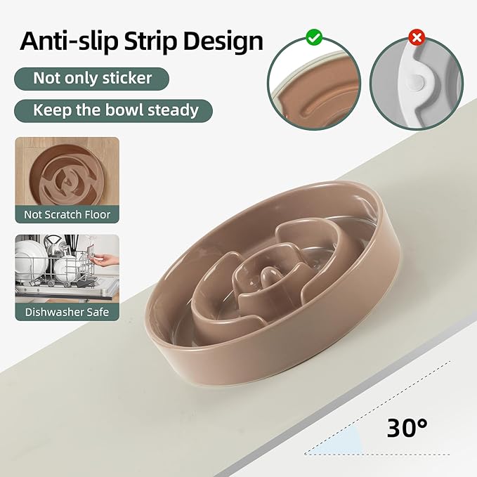 Havniva 3.2 Cup Ceramic Raised Slow Feeder Dog Bowl Set, Elevated 8.2inch Bowl and 9.5inch Puzzle Slow Food Dish with Wooden Stand for Large Dog, Anti-Gulping (2 x Brown Coffee+ Stand)