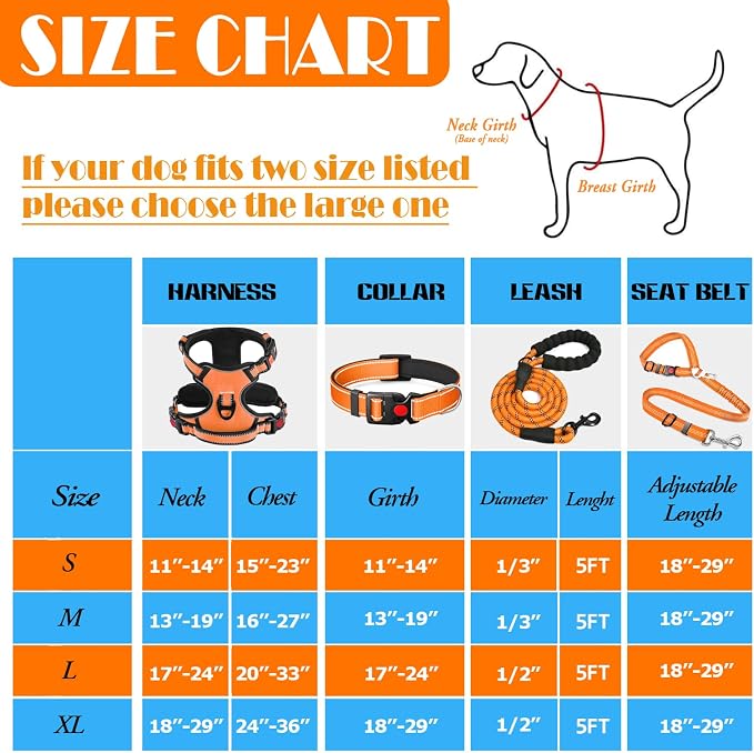 LOBEVE No Pull Dog Harness, Collar & Leash Set | Includes Dog Seat Belt, Collapsible Bowls & Poop Bag Dispenser. Ideal for Training, Walking, Hiking. Fits Small to Large Dogs(Orange-L)